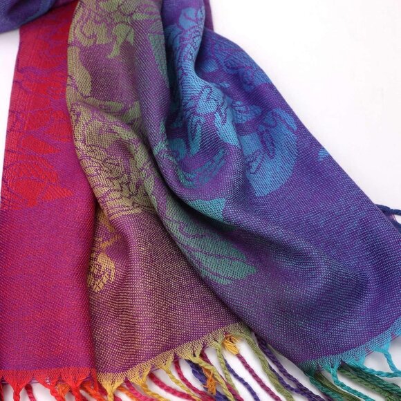 Colorful Flowers Jacquard Cotton Pashmina Women’s Wrap Shawl with Tassels Scarf - Picture 8 of 8